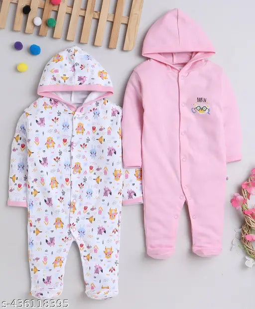 Hooded Cotton Baby Sleepsuits - Set of 2