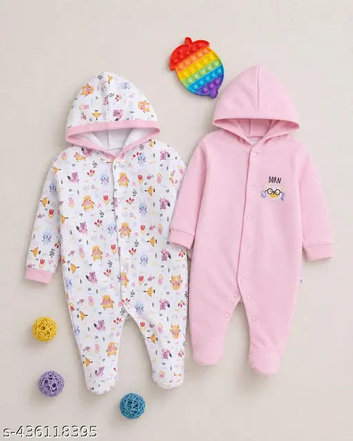 Hooded Cotton Baby Sleepsuits - Set of 2