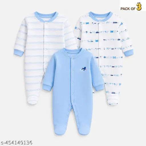 Multicolour Cotton Baby Sleepsuits - Set of 3