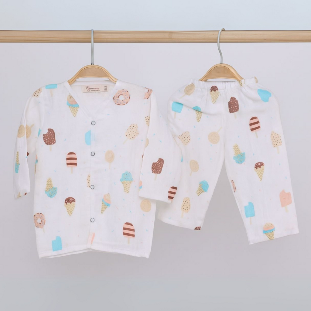 Organic Cotton Muslin Full Sleeves Jhabla & Pyjama For New Born - Set of 1