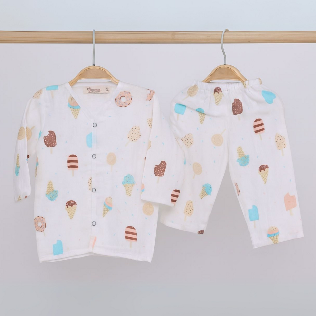 Organic Cotton Muslin Full Sleeves Jhabla & Pyjama For New Born - Set of 1