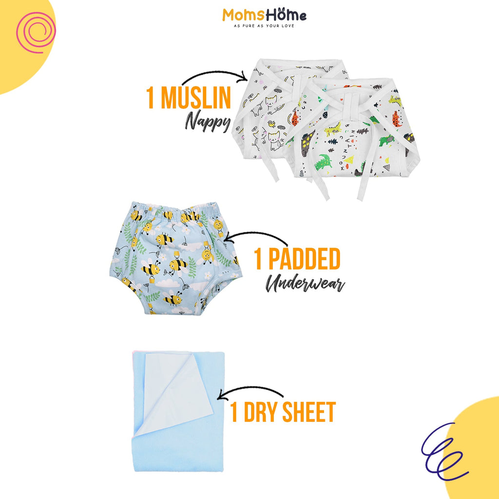 Baby Unisex Nappy Combo 1 Dry sheet, 2 Muslin Nappy, 1 Padded Underwear