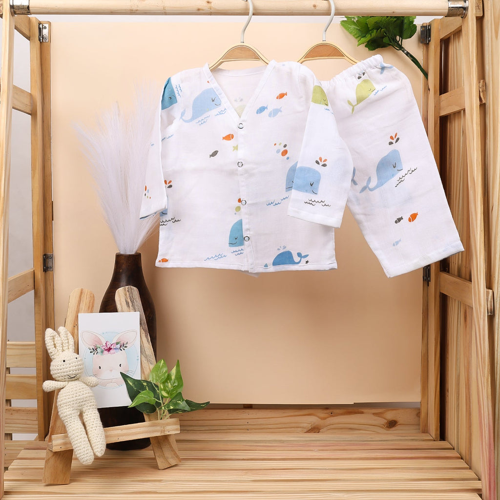 Baby Unisex Organic Cotton Muslin Full Sleeves Jhabla & Payjama - Set of 1