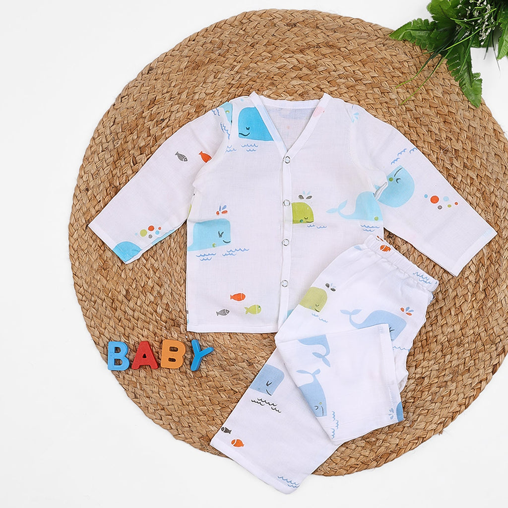 Baby Unisex Organic Cotton Muslin Full Sleeves Jhabla & Payjama - Set of 1