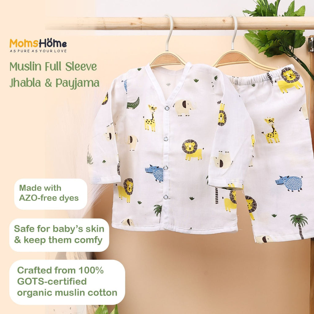 Baby Unisex Organic Cotton Muslin Full Sleeves Jhabla & Payjama - Set of 2