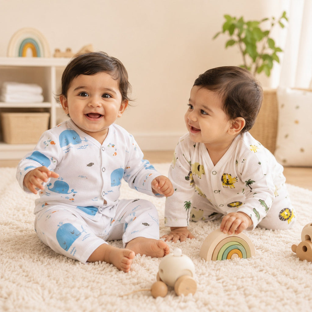 Baby Unisex Organic Cotton Muslin Full Sleeves Jhabla & Payjama - Set of 2