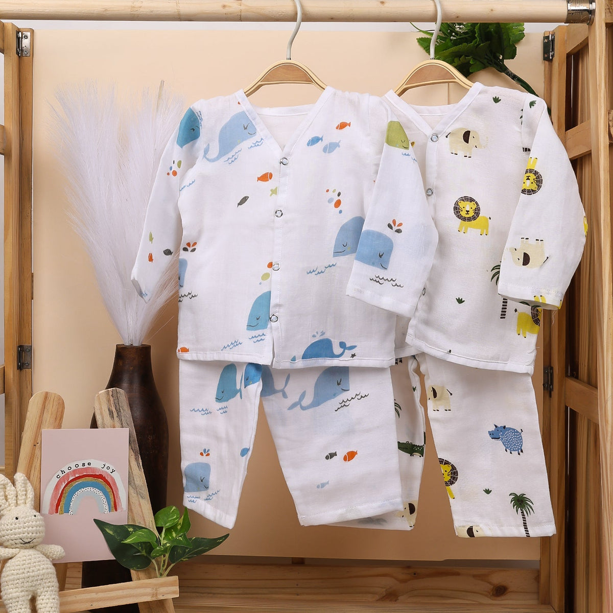 Baby Unisex Organic Cotton Muslin Full Sleeves Jhabla & Payjama - Set of 2