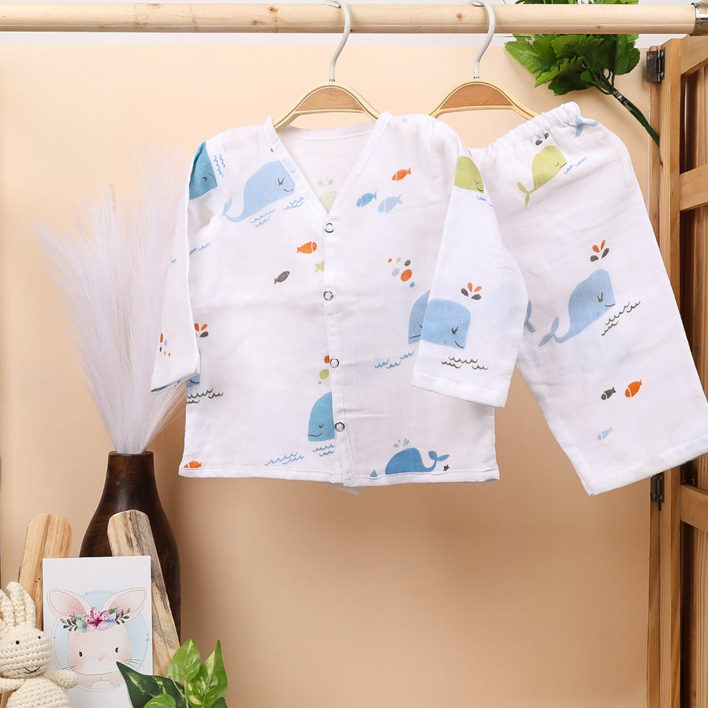 Baby Unisex Organic Cotton Muslin Full Sleeves Jhabla & Payjama - Set of 2