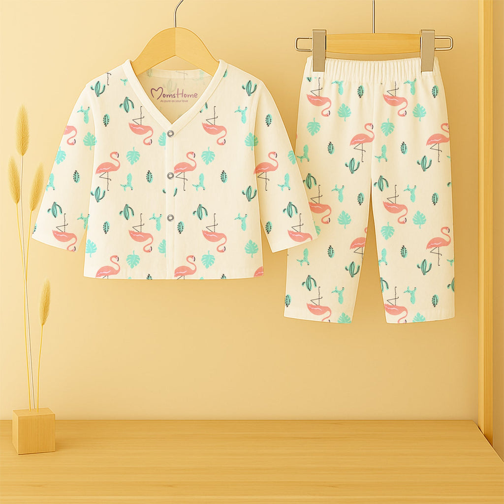 Baby Unisex Organic Cotton Muslin Full Sleeves Jhabla & Payjama - Flamingo - Set of 1