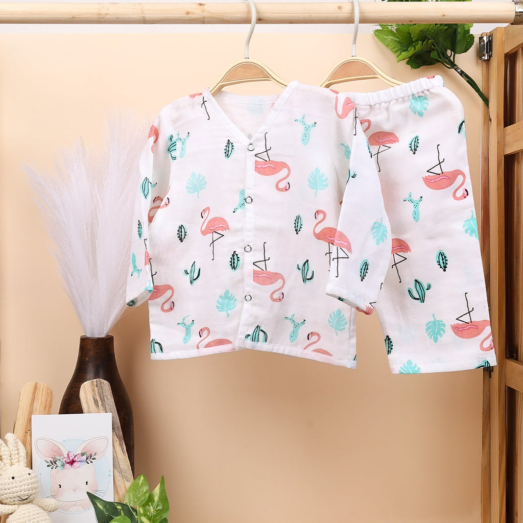 Baby Unisex Organic Cotton Muslin Full Sleeves Jhabla & Payjama - Flamingo - Set of 1