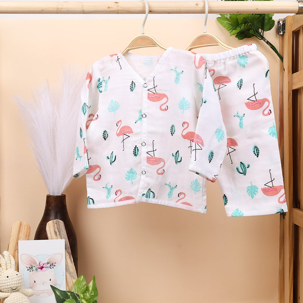 Baby Unisex Organic Cotton Muslin Full Sleeves Jhabla & Payjama - Flamingo - Set of 1