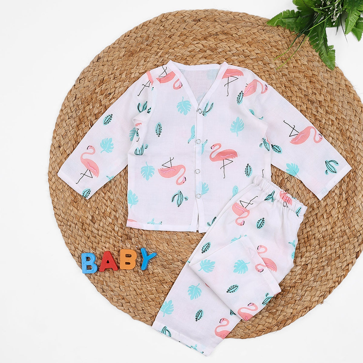 Baby Unisex Organic Cotton Muslin Full Sleeves Jhabla & Payjama - Flamingo - Set of 1