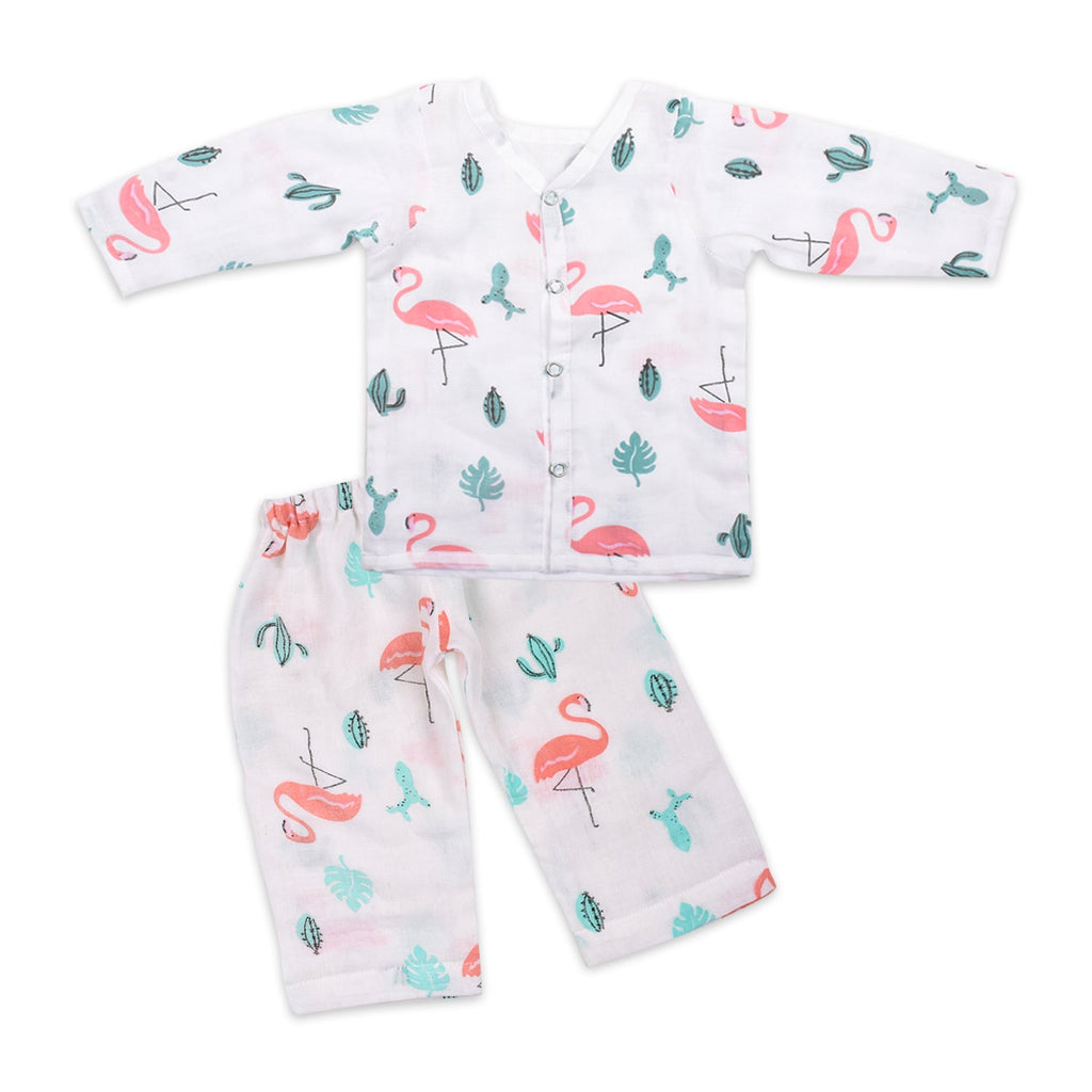 Baby Unisex Organic Cotton Muslin Full Sleeves Jhabla & Payjama - Flamingo - Set of 1