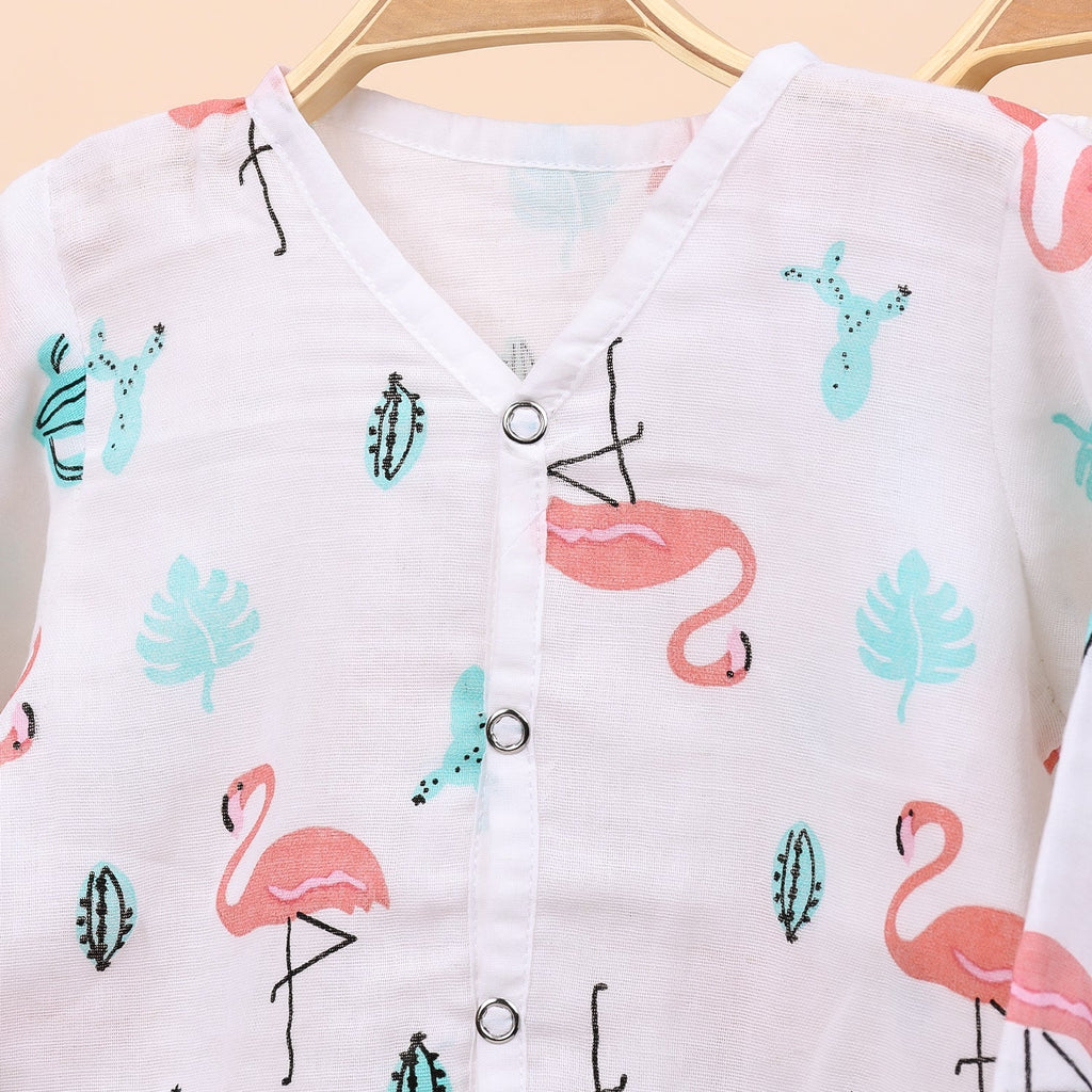 Baby Unisex Organic Cotton Muslin Full Sleeves Jhabla & Payjama - Flamingo - Set of 1