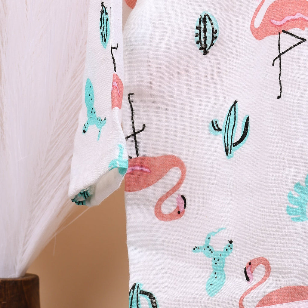 Baby Unisex Organic Cotton Muslin Full Sleeves Jhabla & Payjama - Flamingo - Set of 1