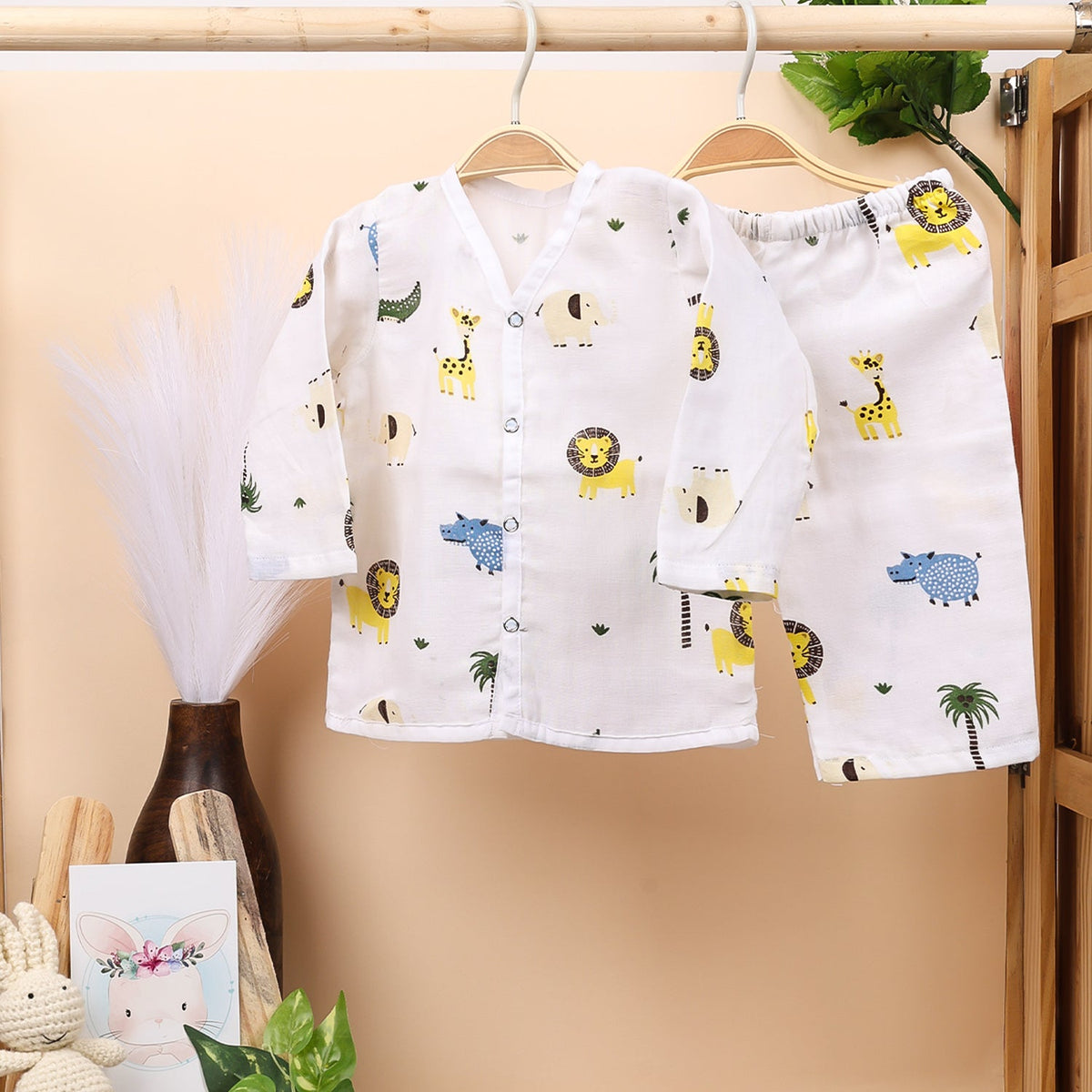 Baby Unisex Organic Cotton Muslin Full Sleeves Jhabla & Payjama - Lion - Set of 1