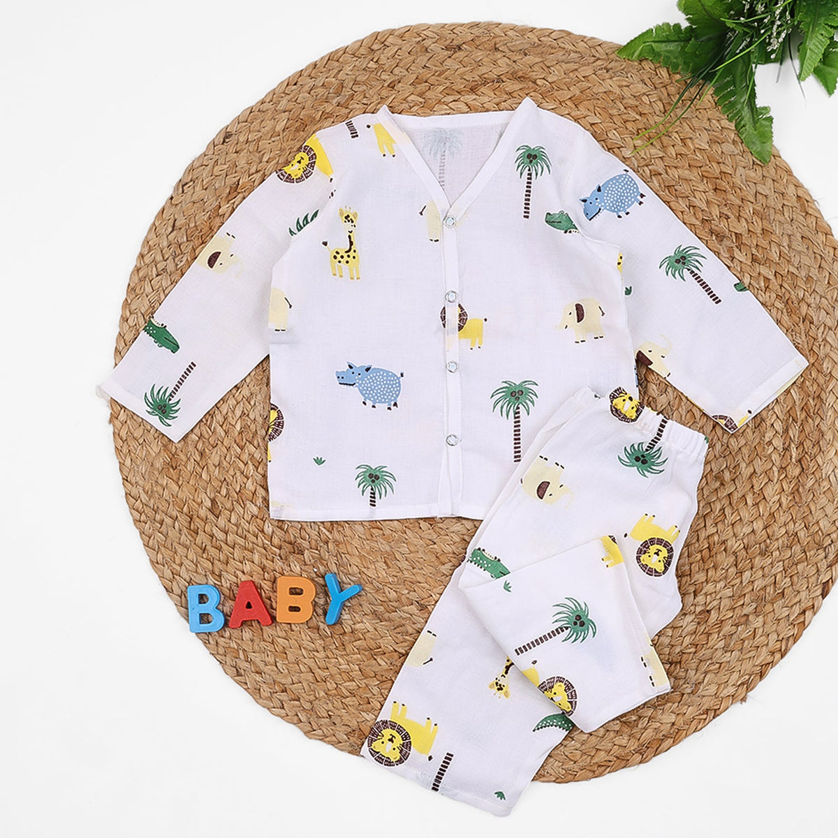 Baby Unisex Organic Cotton Muslin Full Sleeves Jhabla & Payjama - Lion - Set of 1