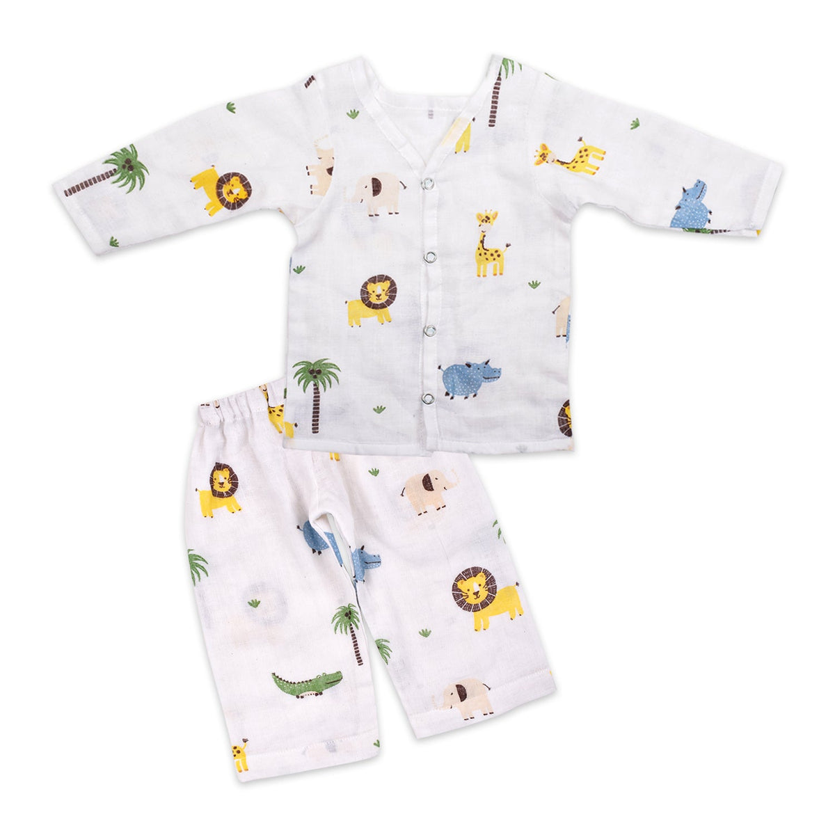 Baby Unisex Organic Cotton Muslin Full Sleeves Jhabla & Payjama - Lion - Set of 1