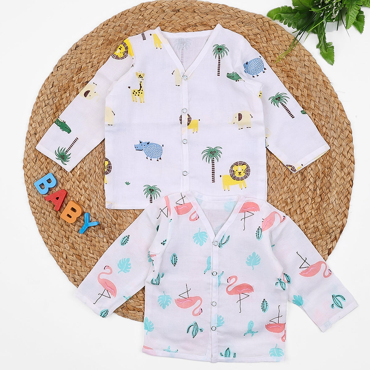 Baby Unisex Organic Cotton Muslin Full Sleeves Jhabla - Pack of 2