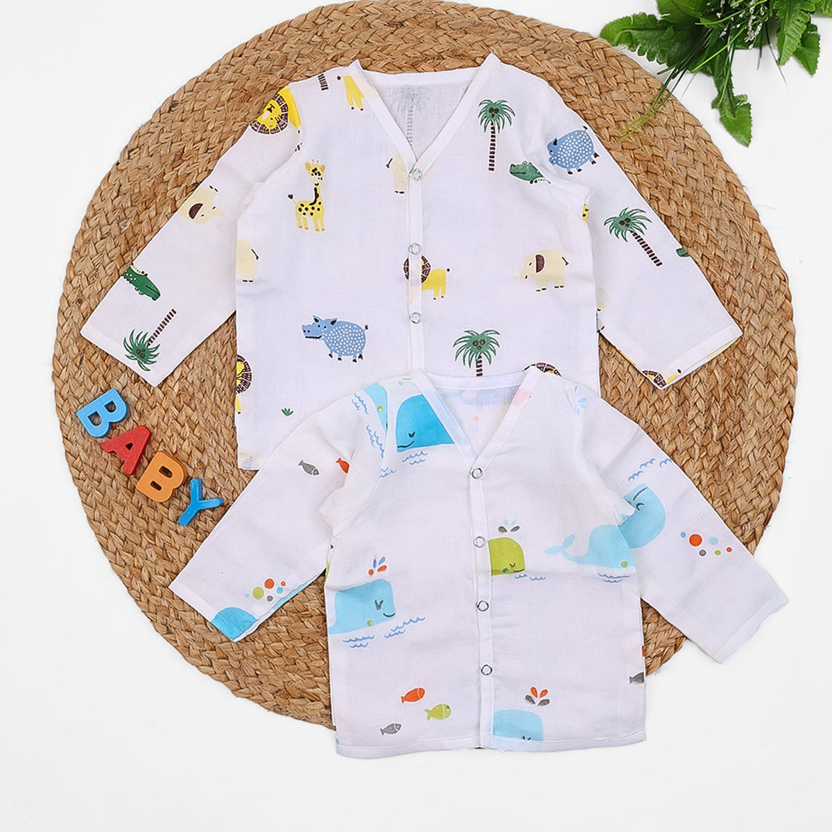 Baby Unisex Organic Cotton Muslin Full Sleeves Jhabla - Pack of 2