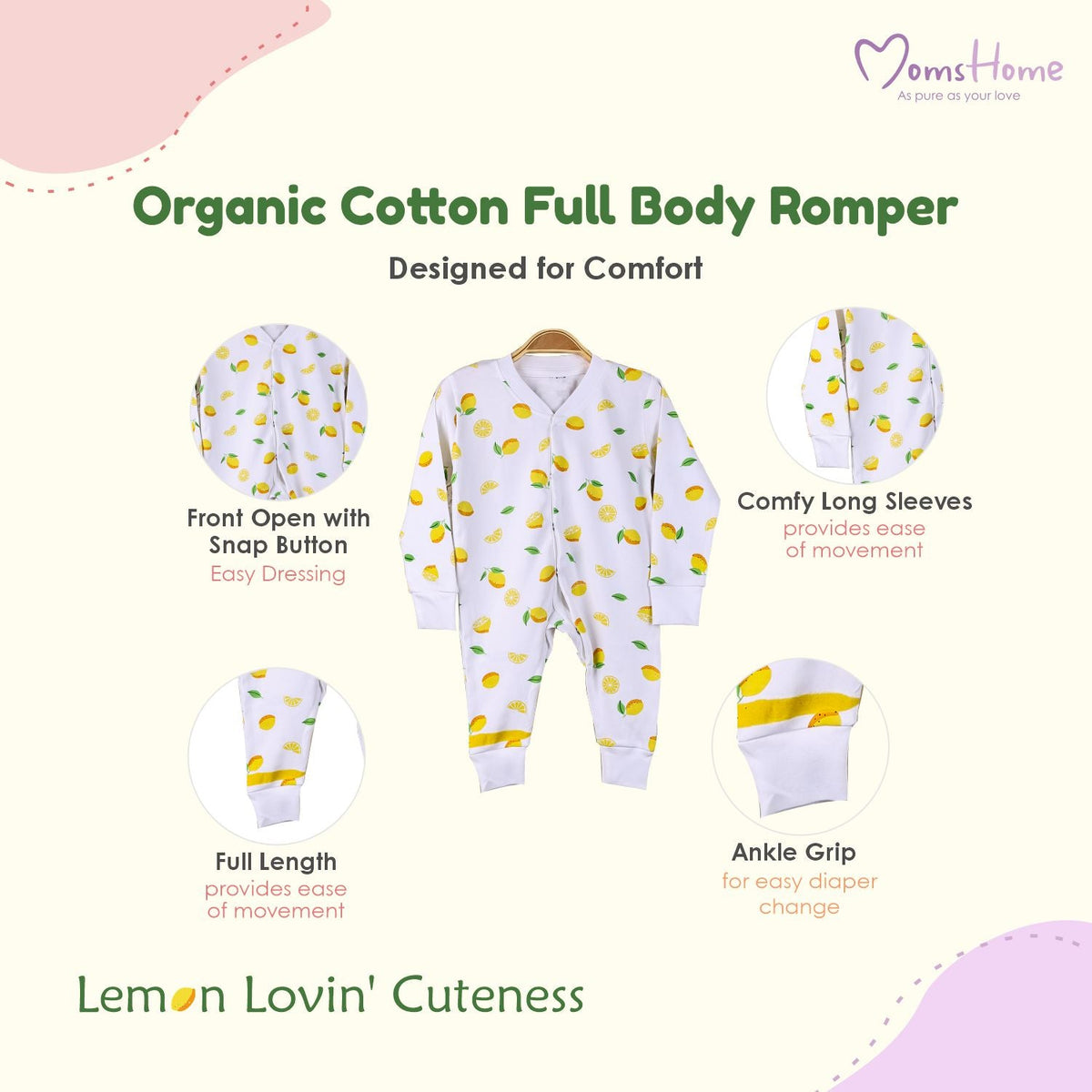 Kids Organic Cotton Full Body Romper - Lemon
