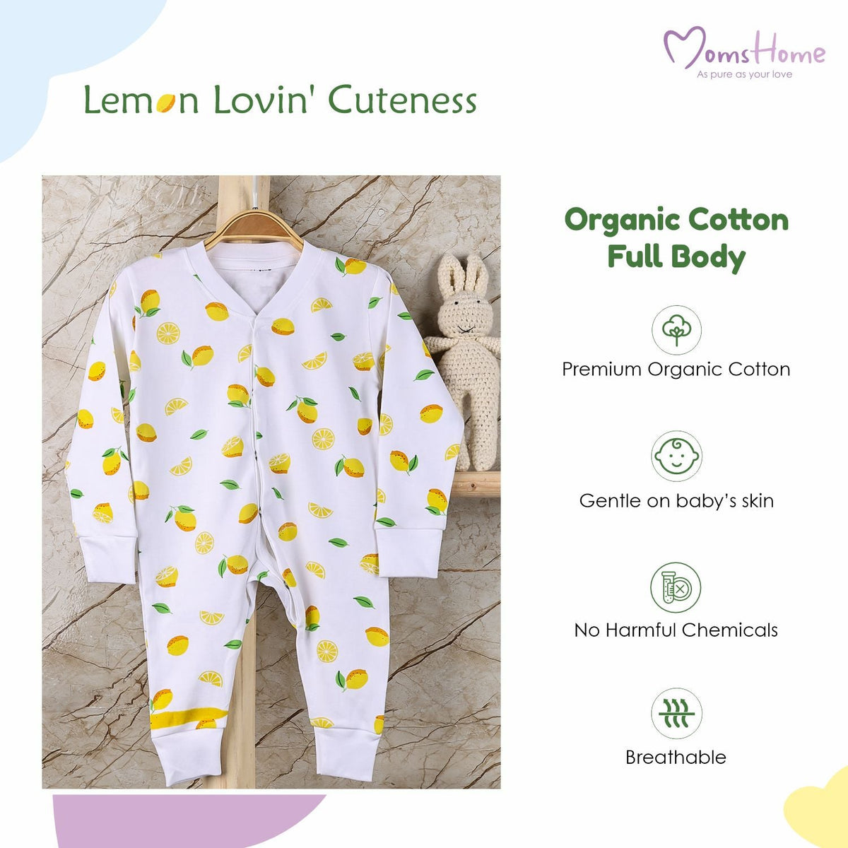 Kids Organic Cotton Full Body Romper - Lemon