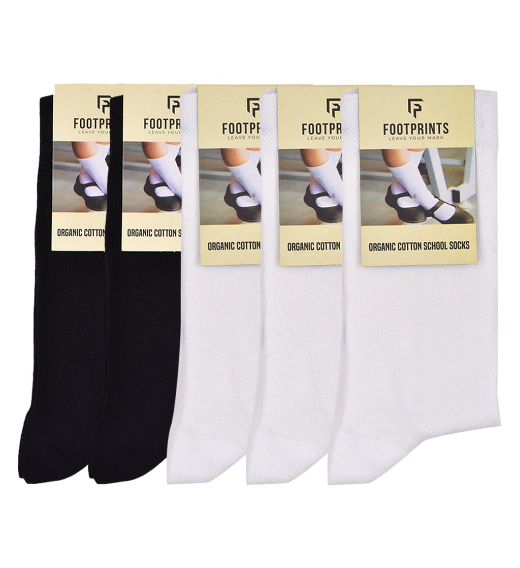 Kids Organic Cotton School Socks - Unisex - Calf length- Pack of 5 (Black and White)- Extra soft and Breathable