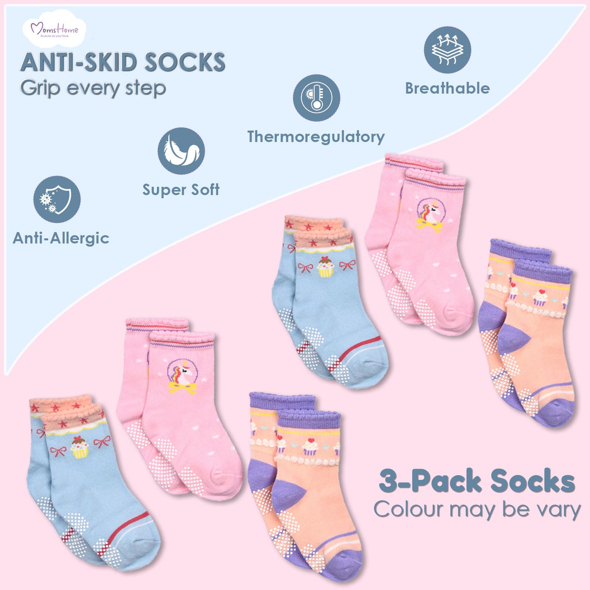 Organic Cotton Anti-Skid Socks for Girls - Pack of 3