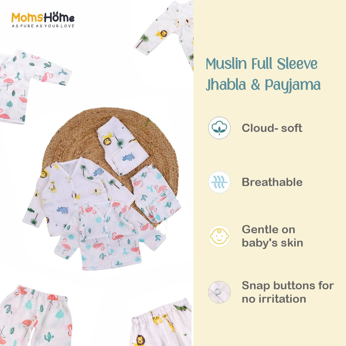 Organic Cotton Muslin Full Sleeves Jhabla & Pyjama For New Born - Avocado - Set of 1