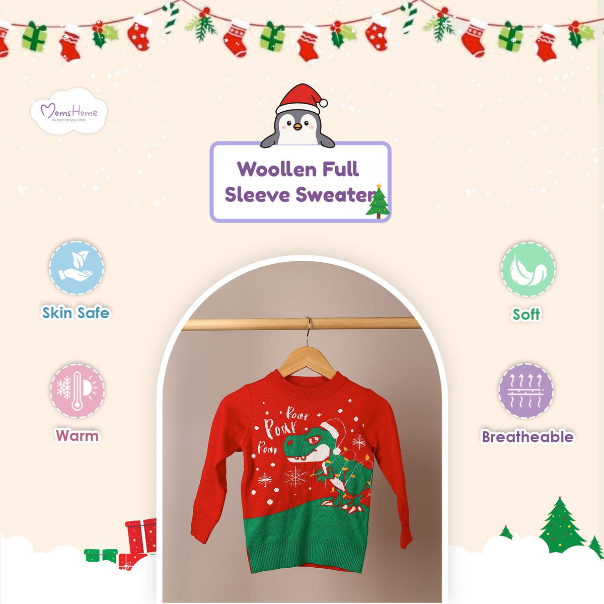 Organic Cotton Unisex Baby Winter Sweaters Dinosaur Red