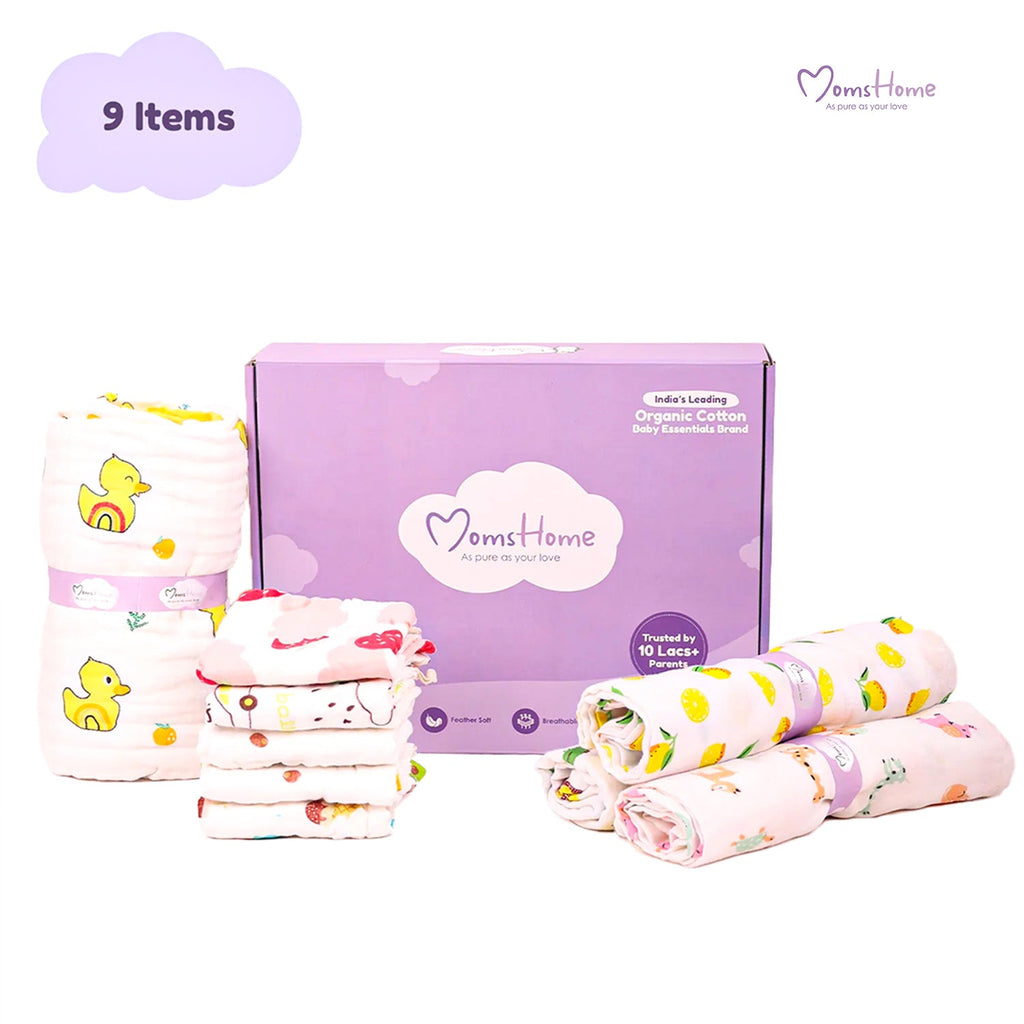 BABY UNISEX ORGANIC COTTON MUSLIN -9 PIECES GIFT SET