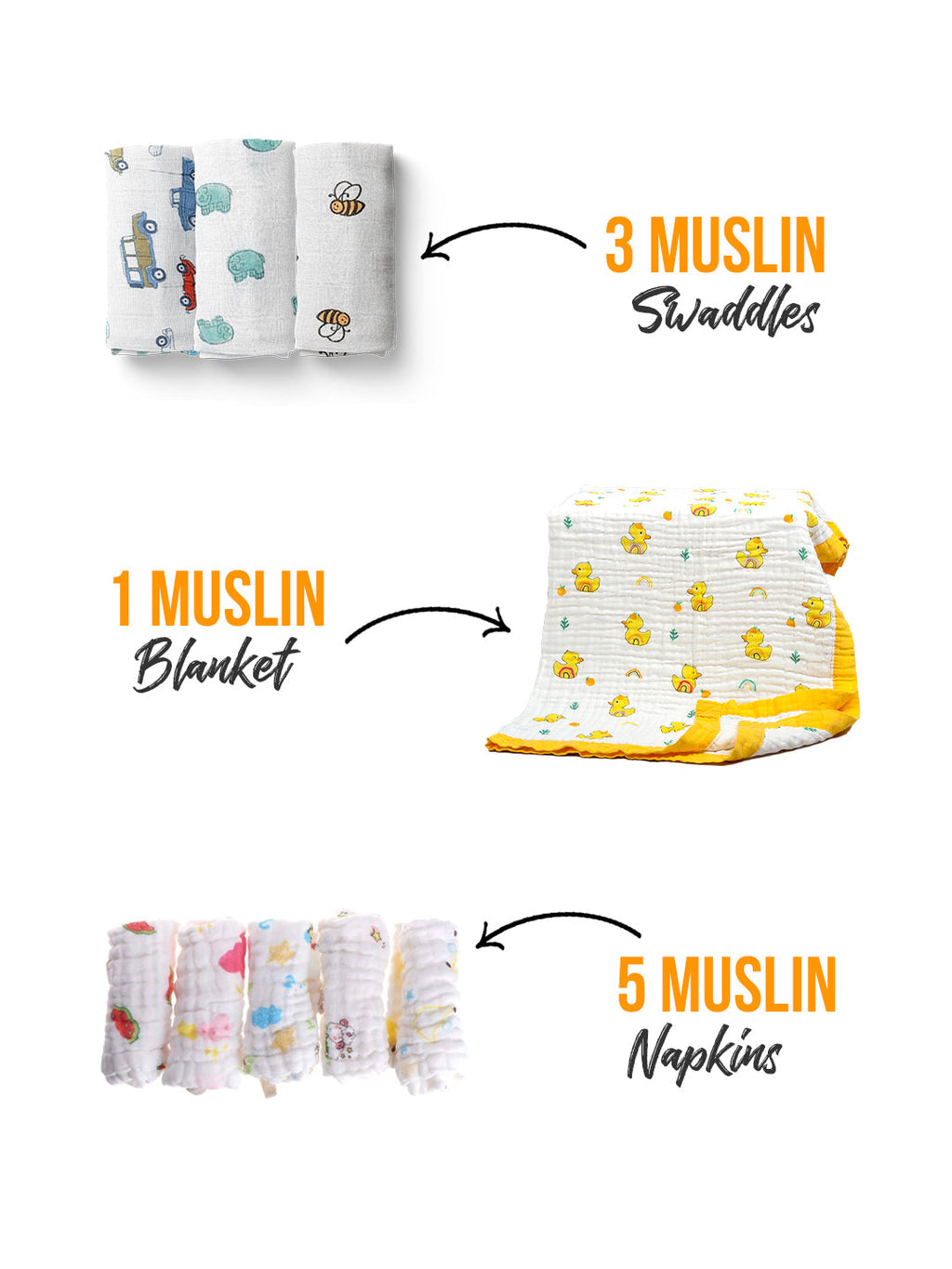 BABY UNISEX ORGANIC COTTON MUSLIN -9 PIECES GIFT SET