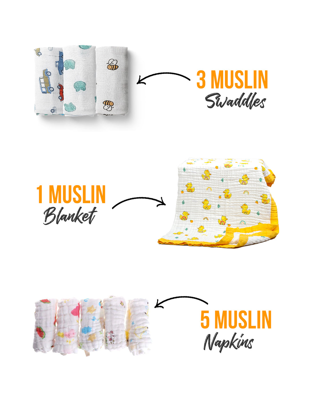 BABY UNISEX ORGANIC COTTON MUSLIN -9 PIECES GIFT SET