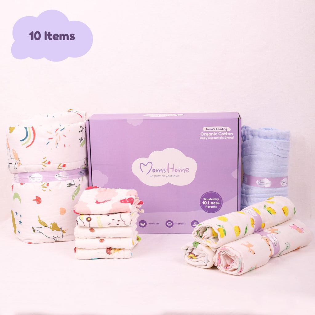 BABY UNISEX ORGANIC COTTON MUSLIN -10 PIECES GIFT SET