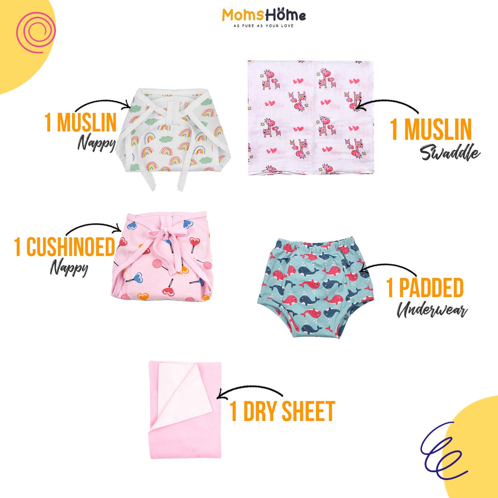 Baby Unisex Nappy Combo 1 Dry sheet, 1 Padded Underwear, 1 Muslin Nappy, 1 Cushioned Nappy, 1 Muslin Swaddle