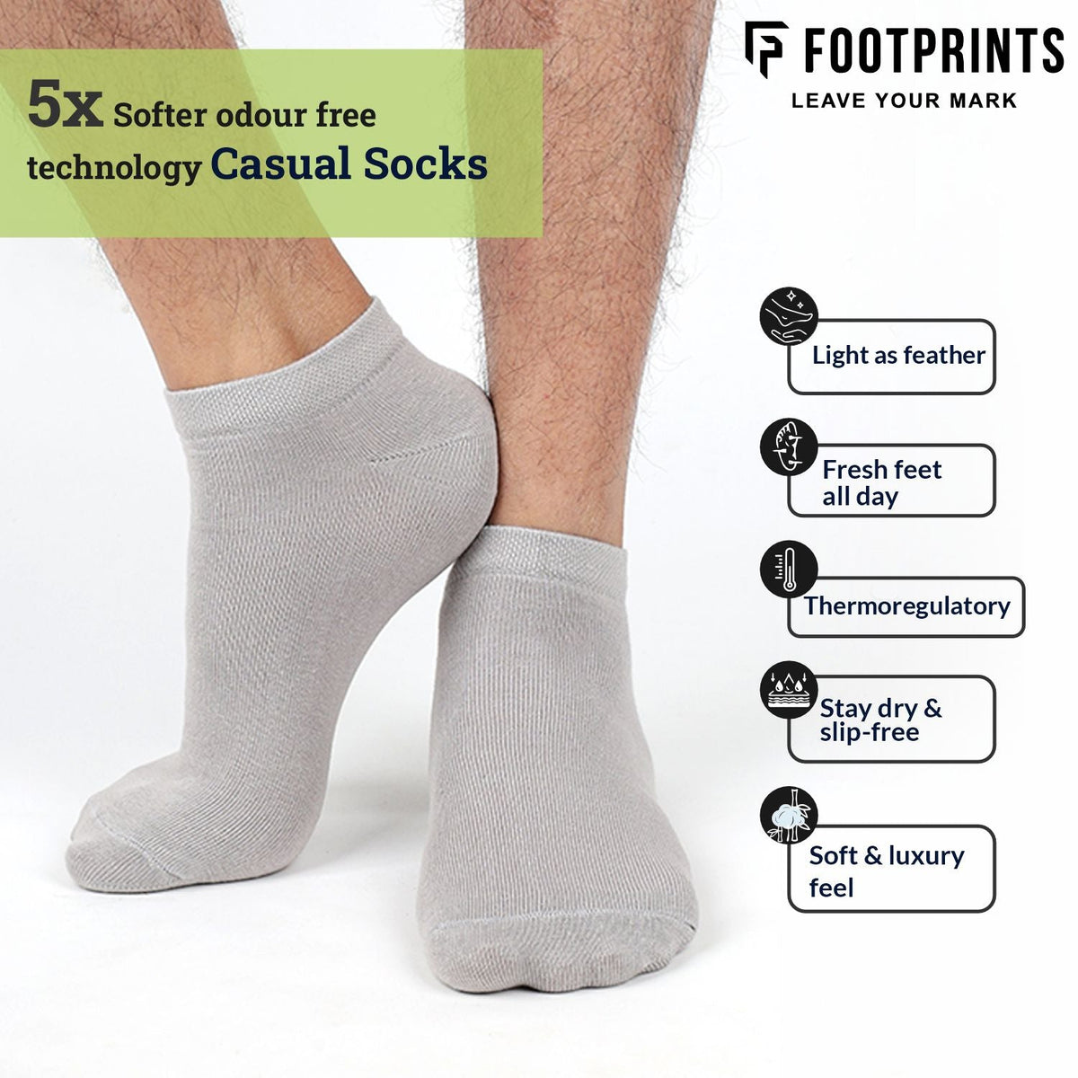 FOOTPRINTS Unisex Solid Cotton Ankle-Length Socks -Pack Of 1 Grey