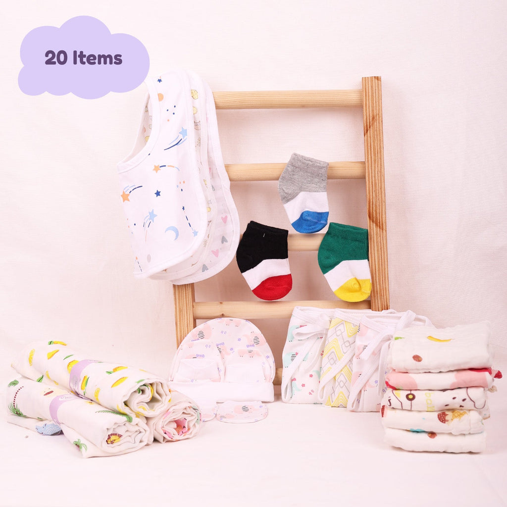 Moms Home Infant Kids Multi-Coloured Printed Organic Cotton 20-Piece Baby Apparel Gift Set