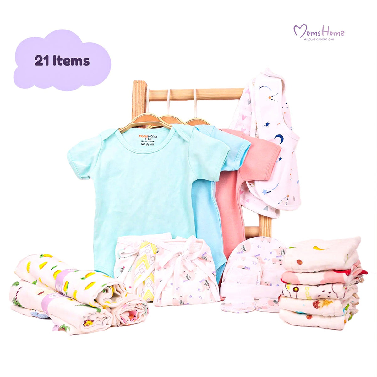Moms Home Infant Kids Multi-Coloured Printed Organic Cotton 21-Piece Baby Apparel Gift Set