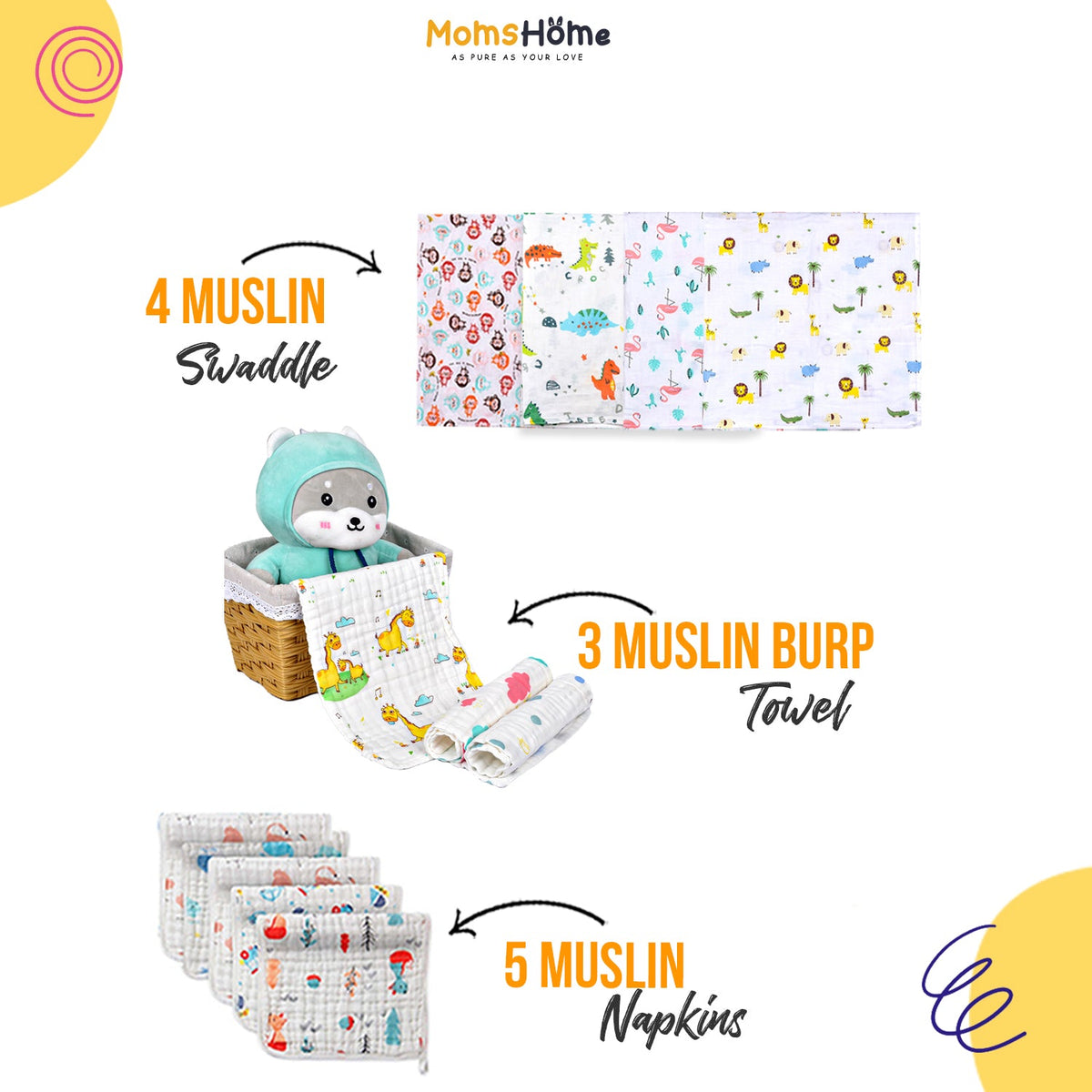 Moms Home Set Of 12 Pure Cotton Baby Organic Cotton Muslin Gift Set - 12 Items