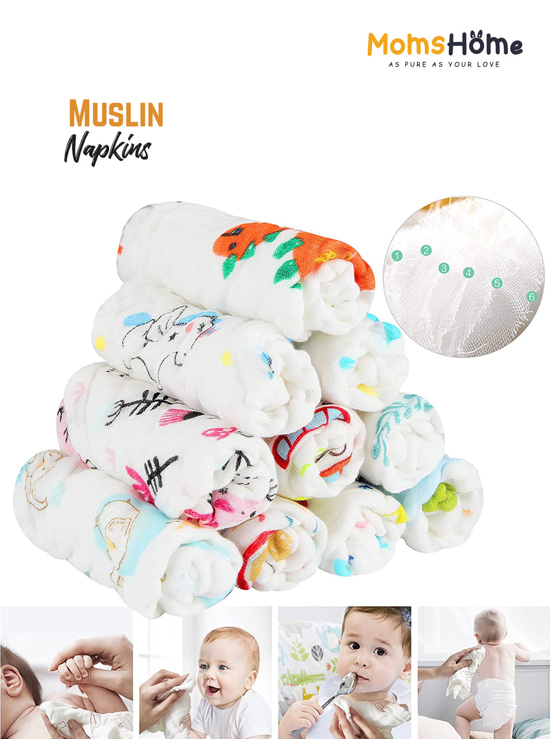Moms Home Set Of 12 Pure Cotton Baby Organic Cotton Muslin Gift Set - 12 Items