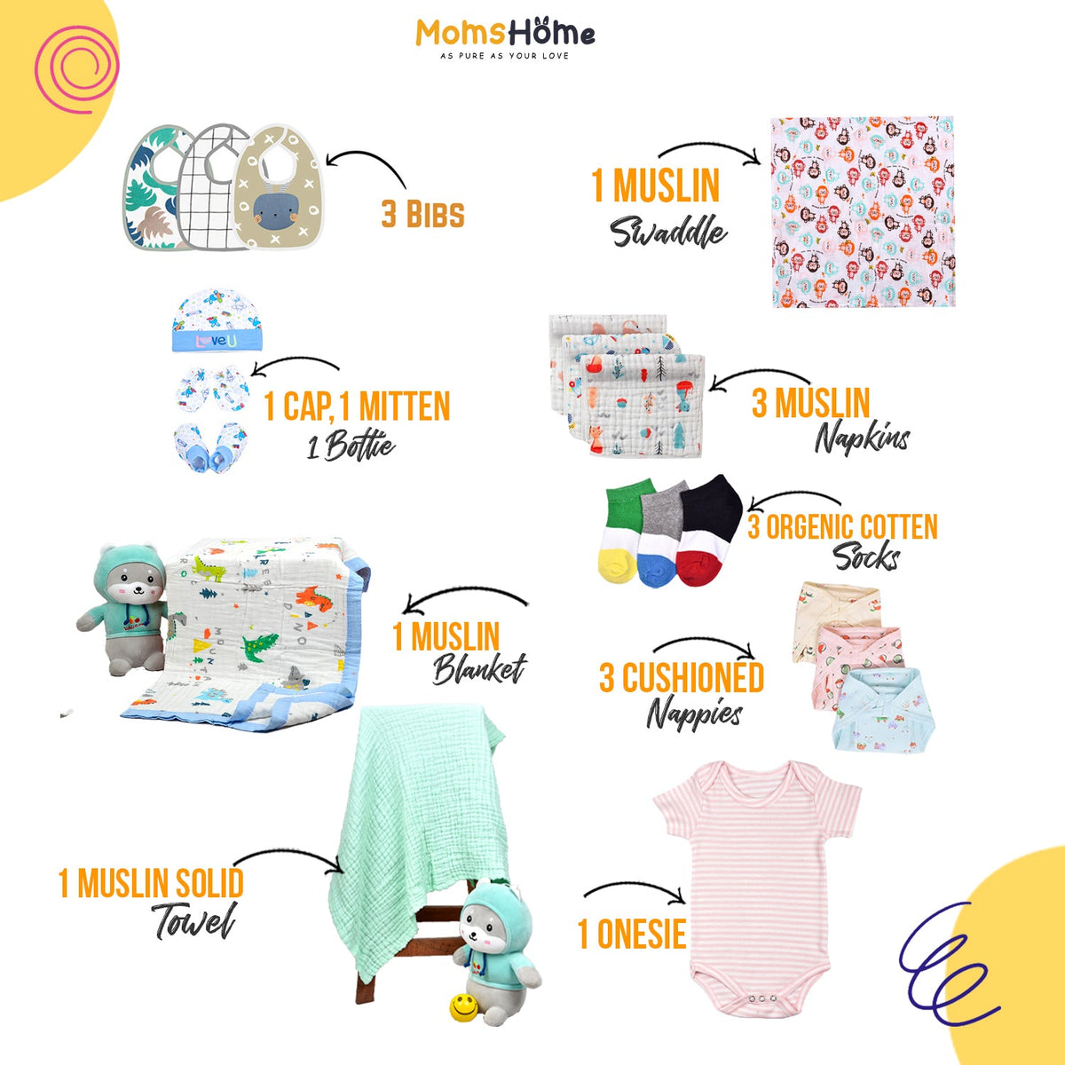 Moms Home Baby Organic cotton Muslin 19 pieces gift set