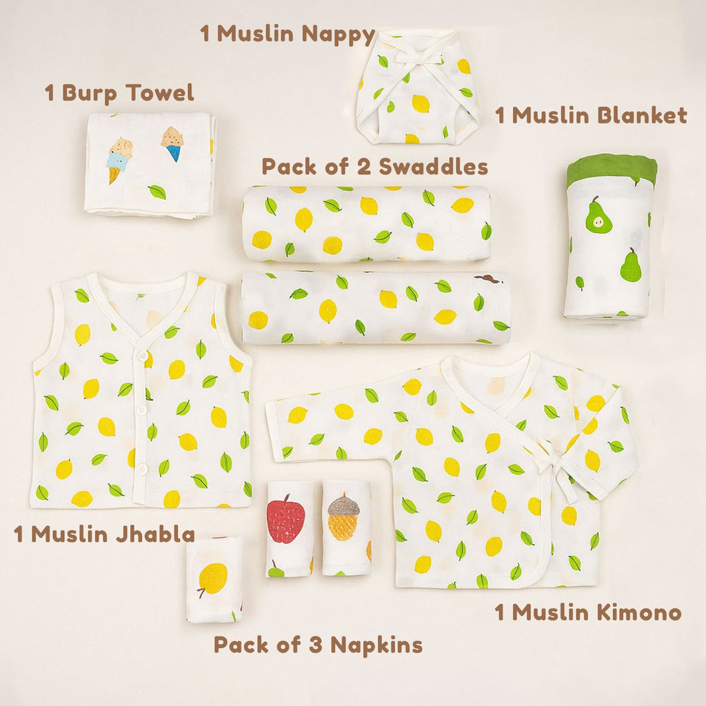 New Born Baby Muslin Gift Hamper - Lemon - Pack of 10