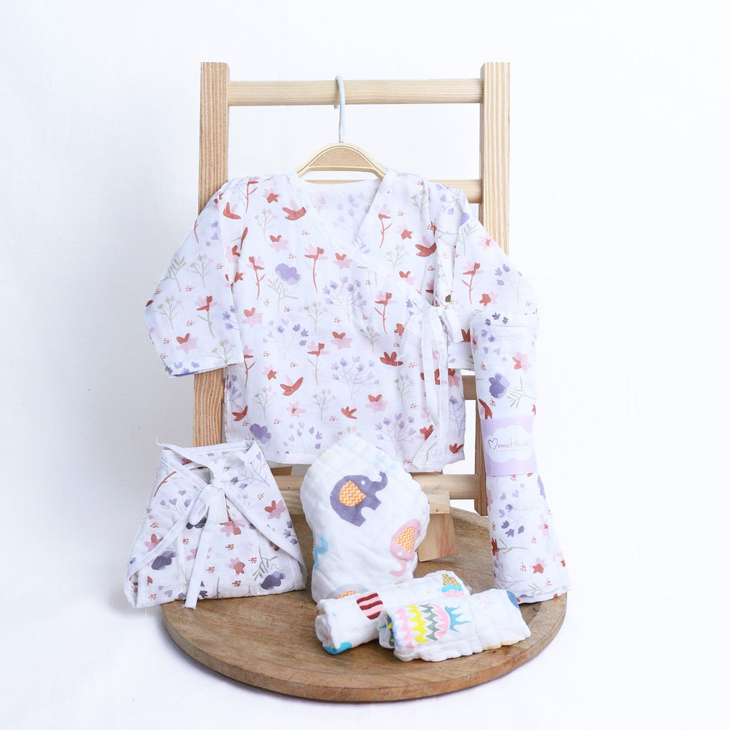 Organic Cotton Muslin Gift Combo Set For New Born Baby - Pack of 6 - Blossom