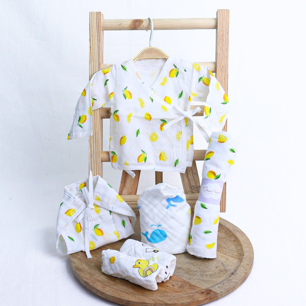 Organic Cotton Muslin Gift Combo Set For New Born Baby - Pack of 6 - Lemon
