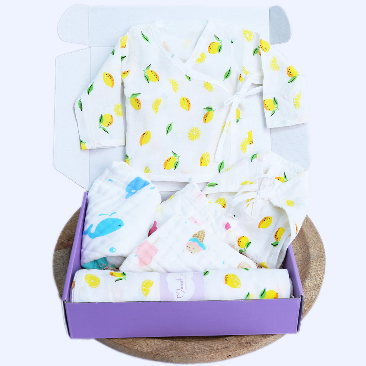 Organic Cotton Muslin Gift Combo Set For New Born Baby - Pack of 6 - Lemon