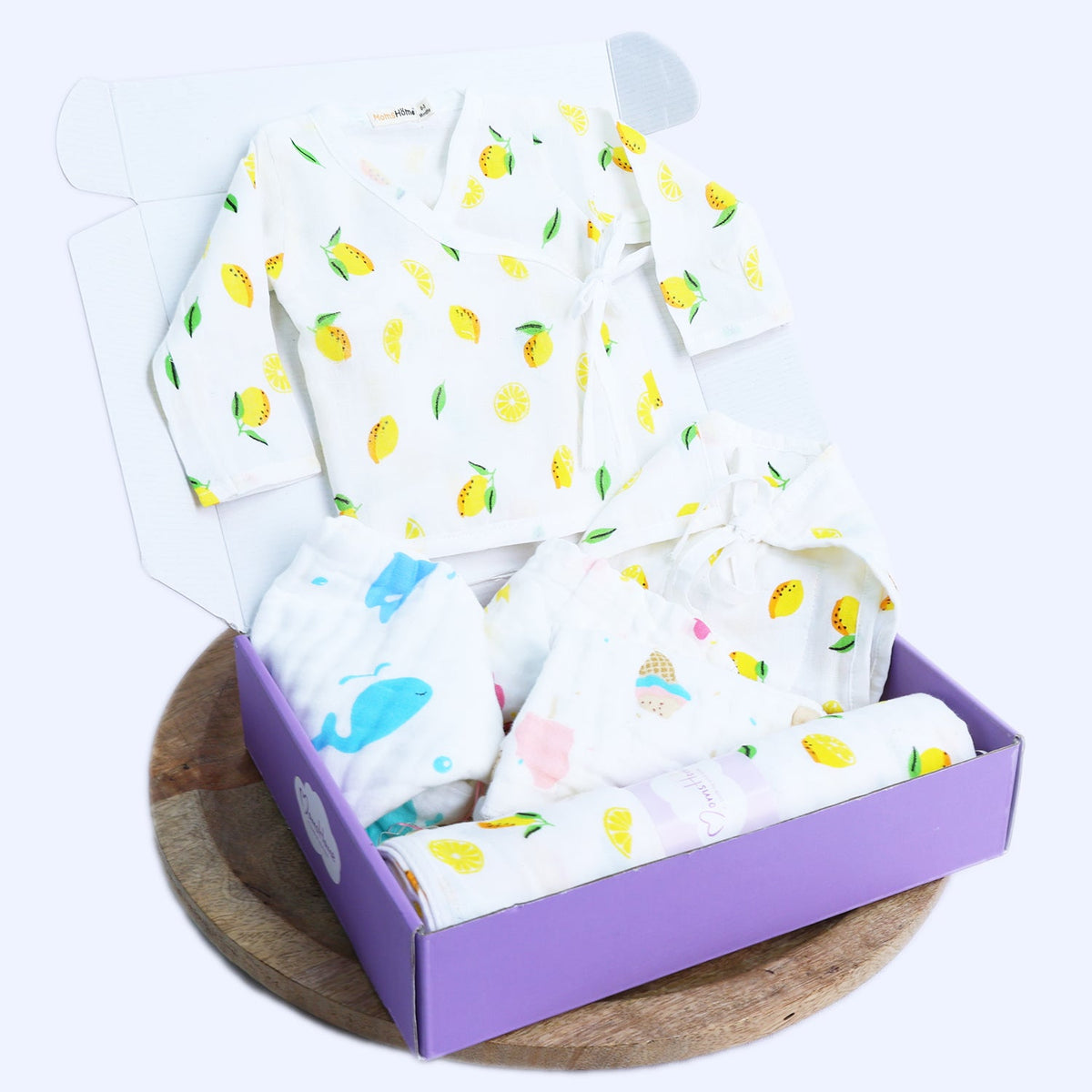 Organic Cotton Muslin Gift Combo Set For New Born Baby - Pack of 6 - Lemon