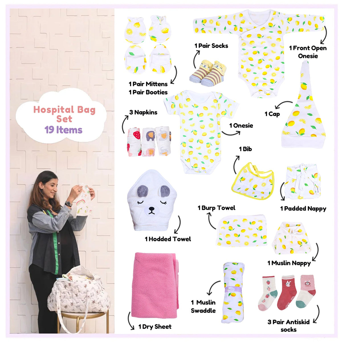 Organic Cotton New Born Baby Hospital Bag Kit - Lemon